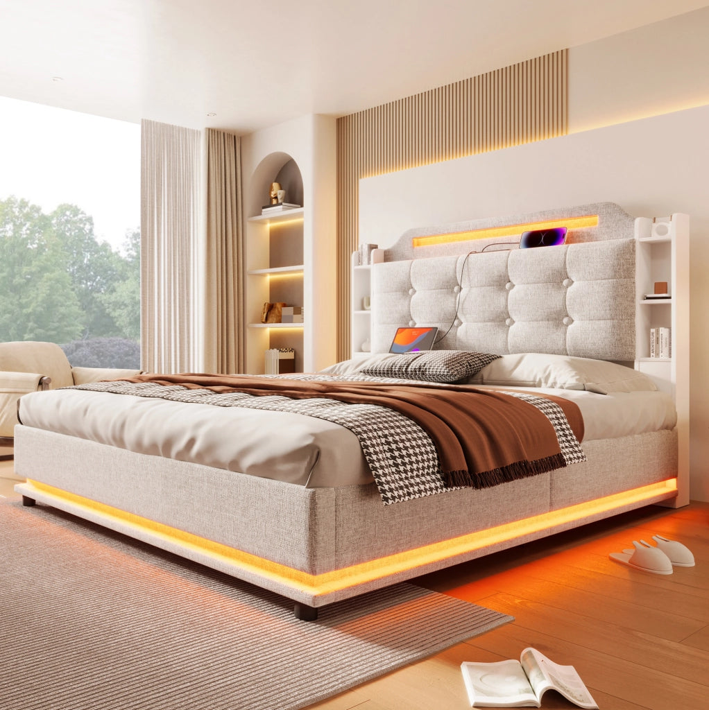 Letto imbottito 140x200 cm con LED; contenitore idraulico; USB Type-C; beige