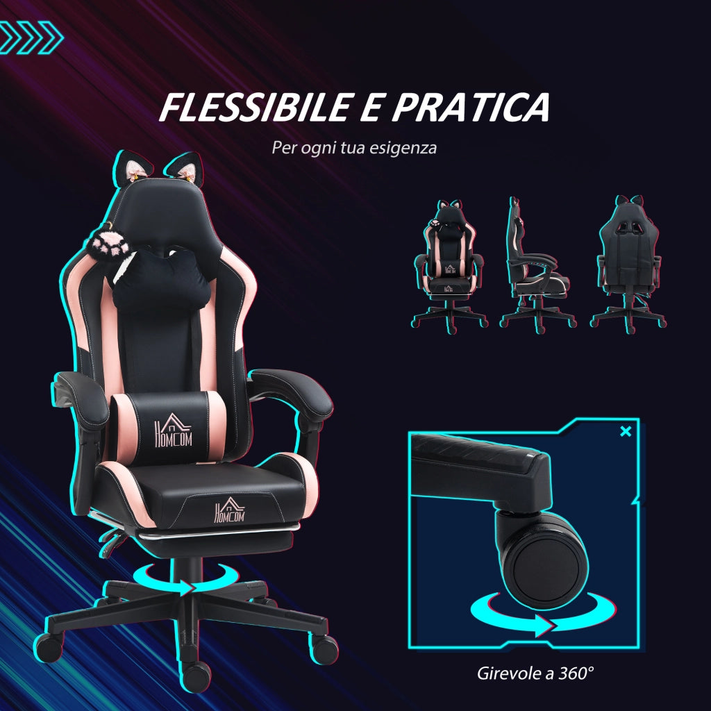 Sedia da Gaming Ergonomica con Orecchie da Gatto Poggiapiedi Retrattile e Schienale Reclinabile 135° Rosa e Nero