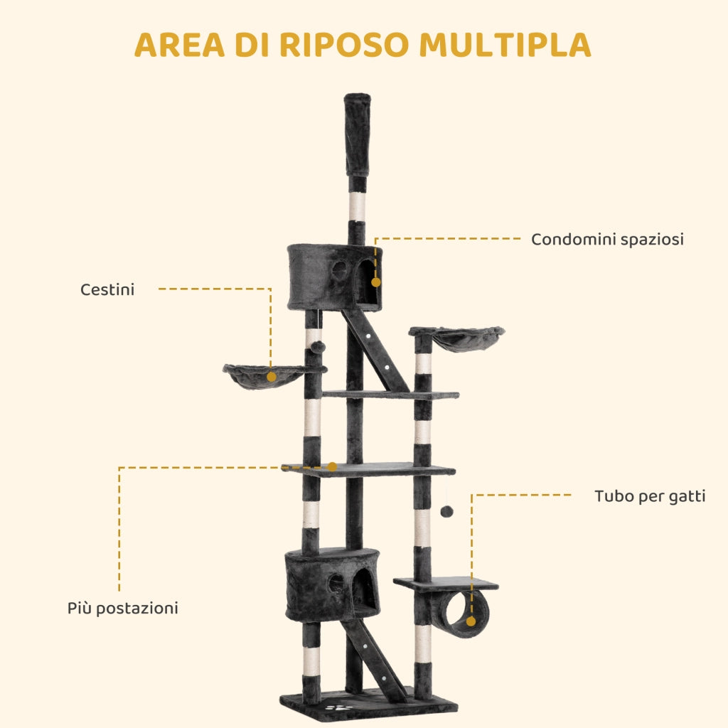 Albero Tiragraffi Multilivello a Soffitto Altezza Regolabile 240-260 cm con Casette e Letti in Peluche e Sisal Grigio