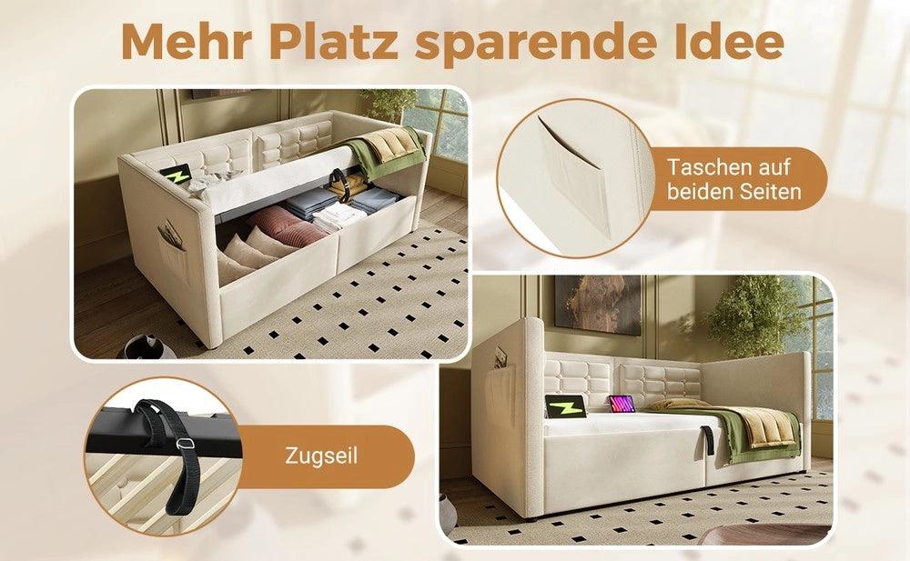 Letto Singolo Imbottito Contenitore ¨C MINIMAL ¨C Velluto Beige 90x200, Idraulico, USB