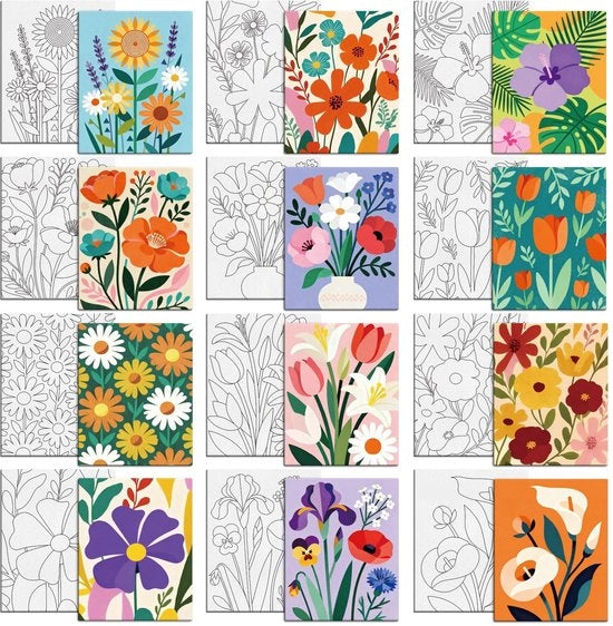 Stoffa da Pittura a Tela 12 Pezzi Preimpostati - Tema Fiorale - Stile Pastello - Materiali da Pittura - 25x20 cm - Per Principianti - Tela da Pittura