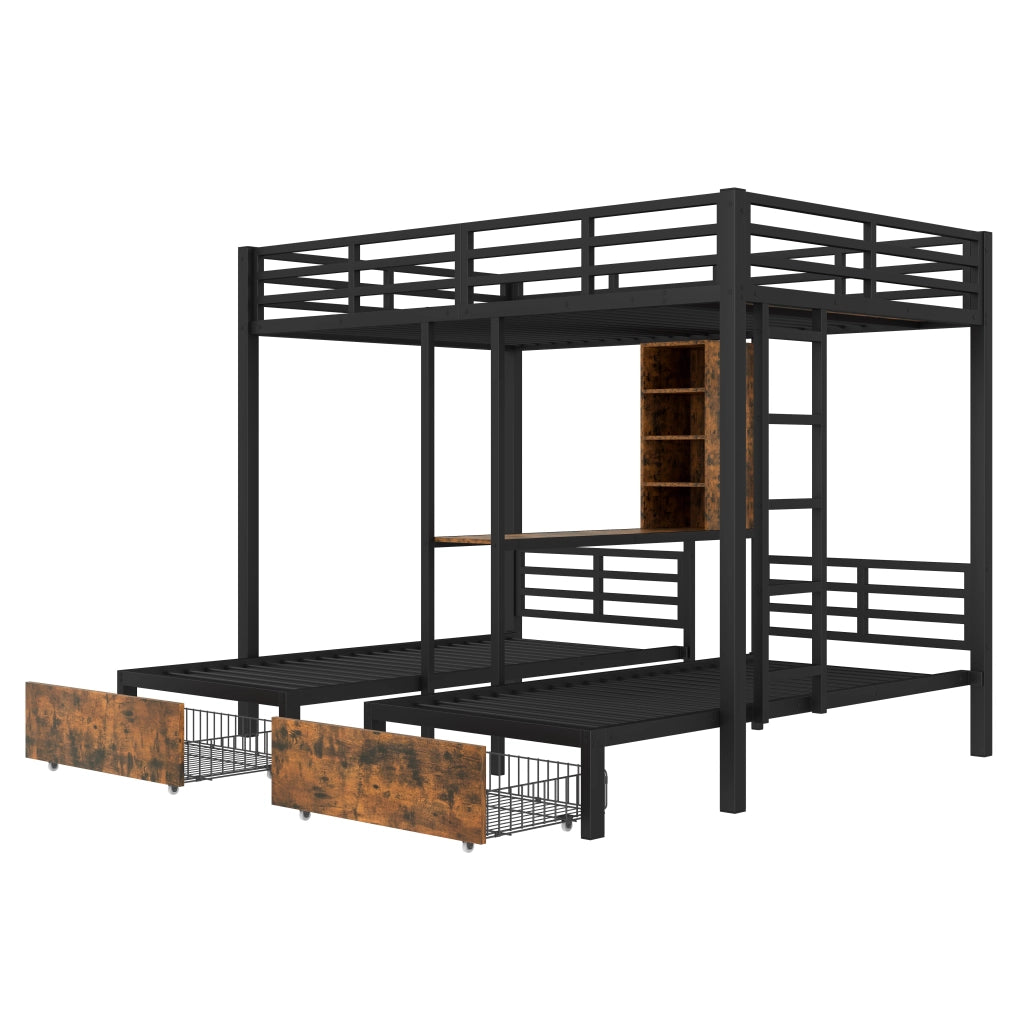 Letto a Castello 140×200 cm e 90×200 cm; 3 Posti con 2 Cassetti; Vani e Scaffali; senza Materasso; Nero
