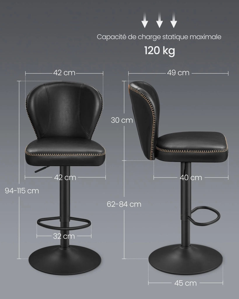 Sgabello da bar girevole a 360° set da 2 altezza regolabile schienale in PU con cuciture stile moderno di metà secolo per cucina/bar facile da montare nero 12_0005381