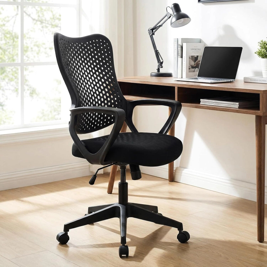 Sedia da Ufficio Ergonomica, con Schienale Reclinabile, Regolabile in Altezza, Sedia Scrivania con Seduta Girevole 360°e Ruote per Ufficio, Studio e Soggiorno, Portata 150 kg (Nero)