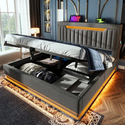 Letto matrimoniale 160x200 cm in lino grigio con LED; testiera con USB e Type-C; contenitore idraulico