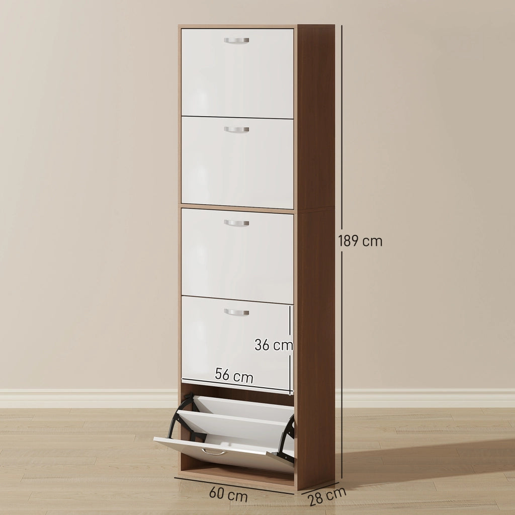 Scarpiera Slim a 5 Livelli con 2 Ripiani per Livello, in MDF, 60x28x189 cm, Bianco e Marrone