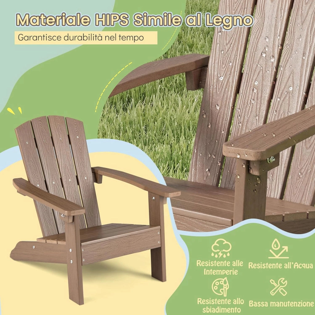 Sedia Adirondack per Bambini, Poltrona da Giardino in Plastica Resistente alle Intemperie con Schienale a Doghe Inclinato, Sedia Adirondack per Patio e Balcone, Portata 75 kg (Marrone)