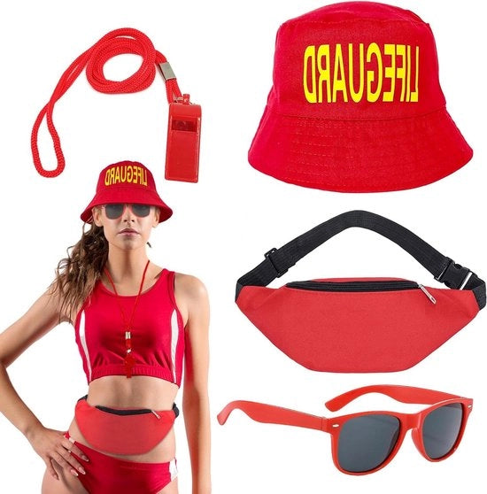 Kit di 4 Costumi da Bagno per Uomini e Donne Accessori da Vigile del Fuoco per Bagno Cappello da Bagno Fischietto Occhiali da Sole Cintura Borsa da Costume Baywatch Halloween Carnevale per Adulti Festa in Spiaggia