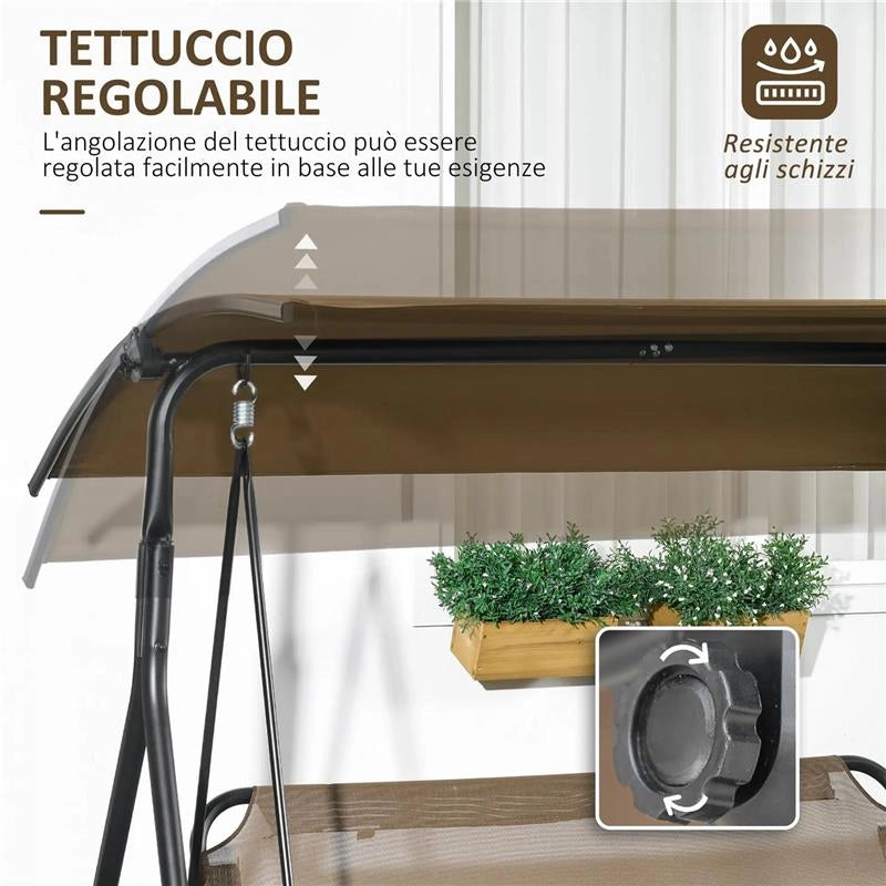 DONDOLO DA GIARDINO 3 POSTI CON COPERTURA REGOLABILE IN ACCIAIO E POLIESTERE 172X110X153 CM MARRONE E GRIGIO