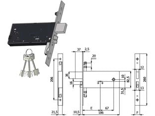 ELETTROSERRATURA TRIPL. INFIL. FASCE D/M CAT. E SCR. MM.82,5 H 5968  mm.90 interasse mm.67 (5968)    OMEC