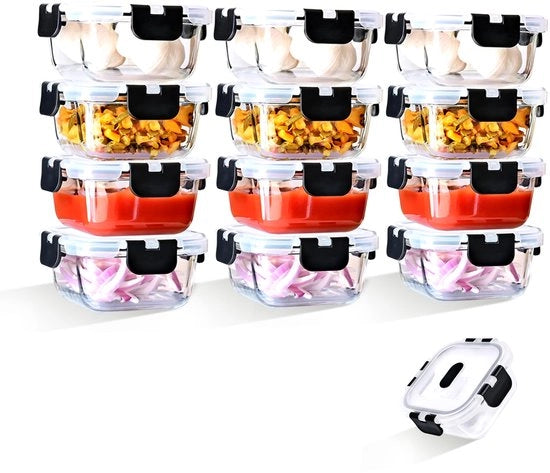 Set di contenitori alimentari 320ml con coperchi da 12, contenitori di conservazione sigillabili in vetro con coperchi in vetro di borosilicato densificato