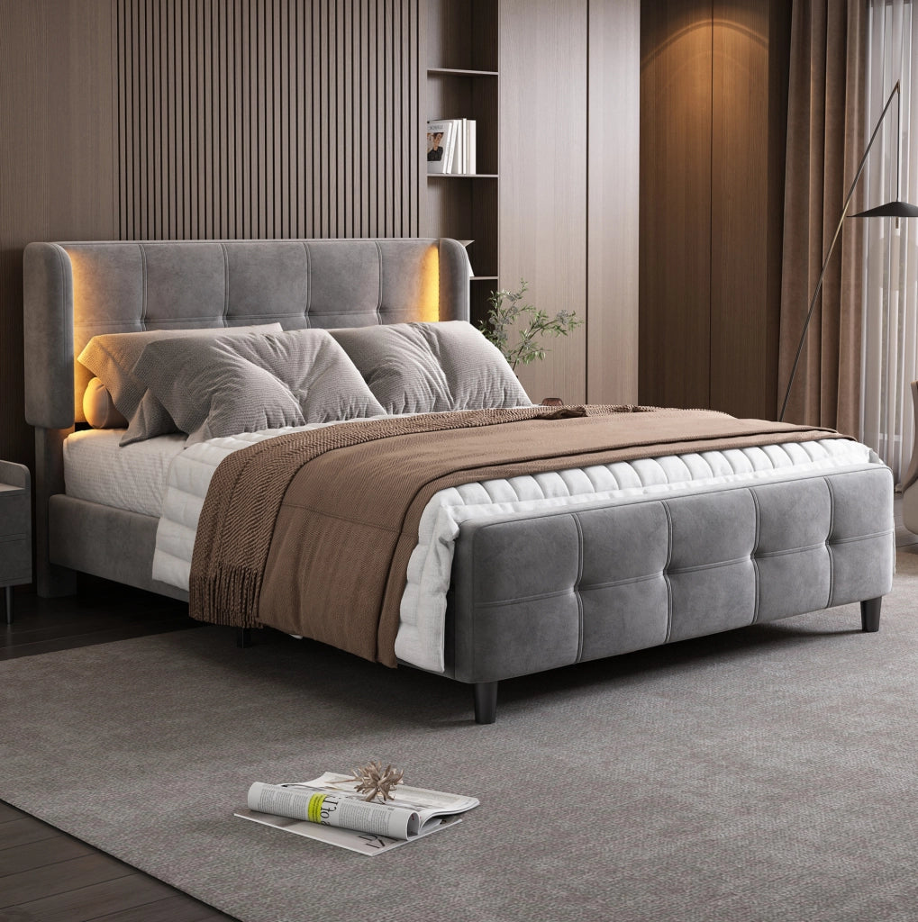 Letto matrimoniale imbottito grigio 140x200 cm con LED