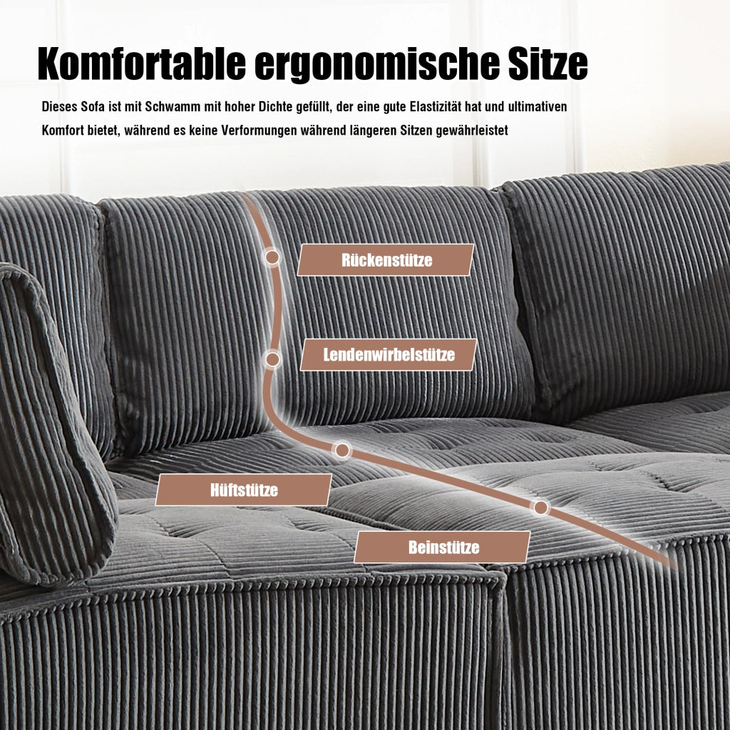 Divano Modulare 6 Posti con Tasche; Convertibile a U o L; Schienale Ergonomico; Struttura Legno Metallo in Velluto a Coste Grigio