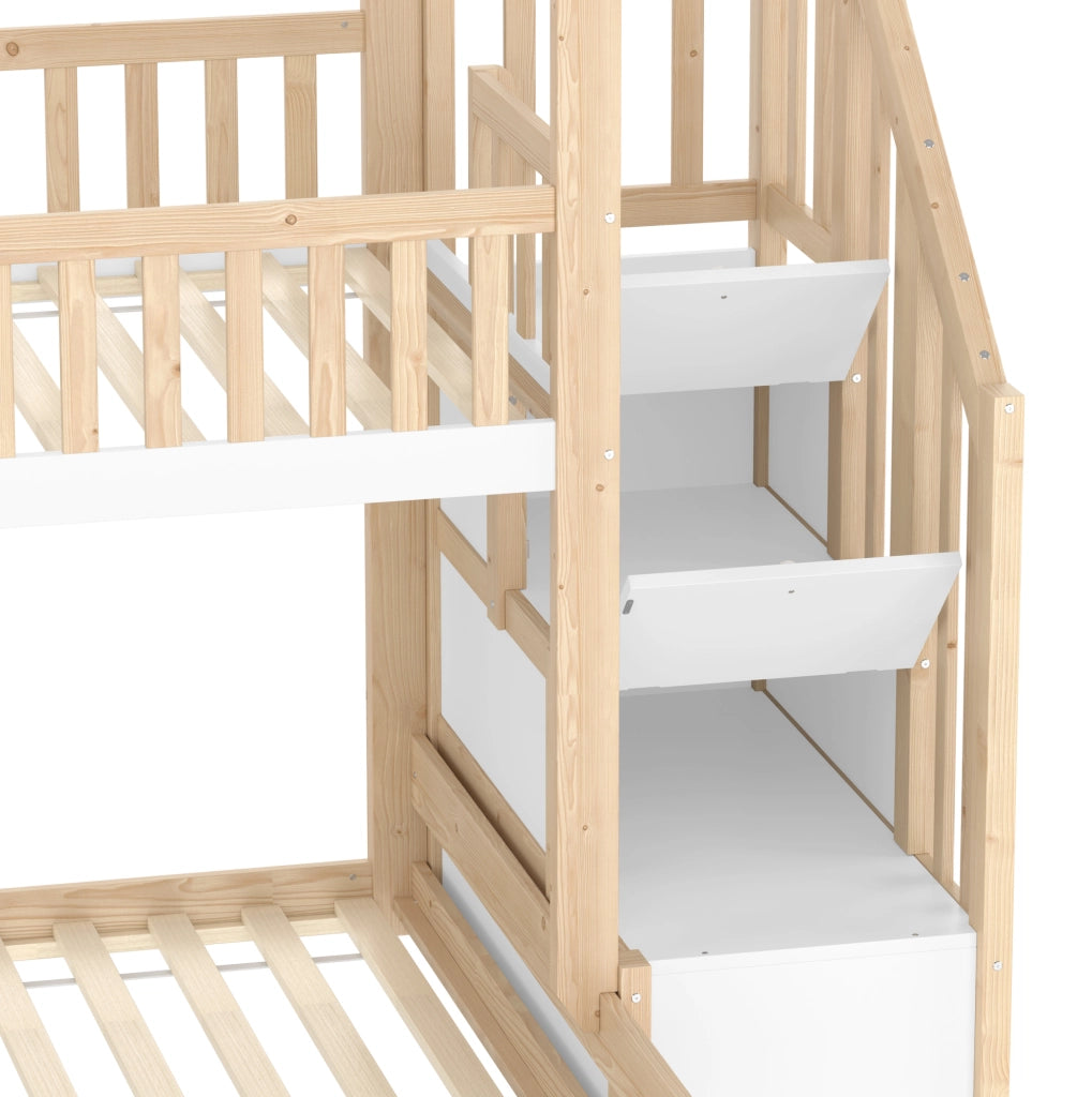 Letto a castello per bambini 90x200/140x200 cm con scala contenitore e sponde; naturale e bianco