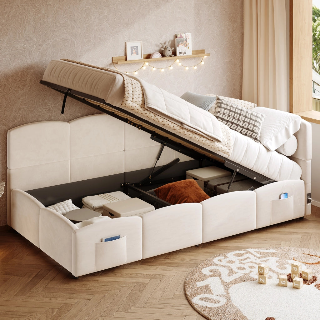 DESMIU Letto Divanetto 1 Posto con Contenitore, USB-A, USB-C e Tasca 90 × 200 cm, Senza Materasso, Velluto Beige