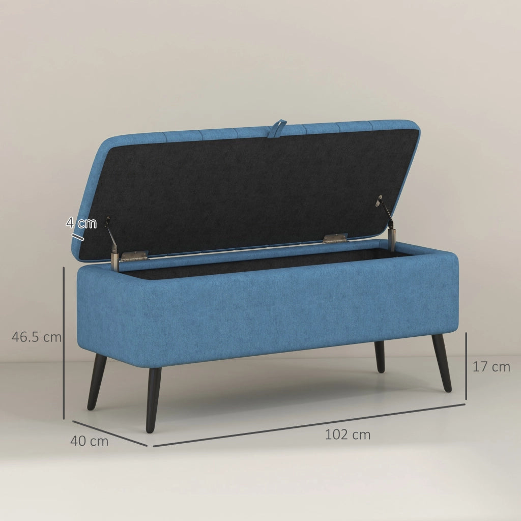 Panca Contenitore 102x40x44 cm Poggiapiedi Imbottito in Tessuto Effetto Lino Blu Scuro