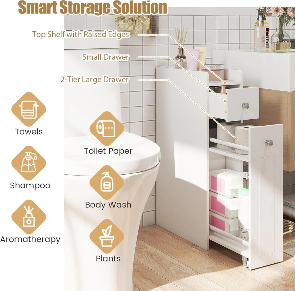 Mobiletto Bagno Salvaspazio, Stretto, 18x40x70cm, con Cassetto, Porta Carta Igienica, Scaffale Scorrevole con Ruote, Armadietto Bagno, Carrello, Piccolo, Moderno, in Legno (grigio)