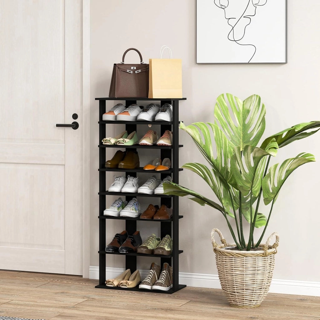 Scarpiera da Ingresso, Portascarpe a 7 Ripiani, Scaffale per 14 Scarpe, Stretto e Compatto per Salvaspazio, 45x25x110 cm (Nero, L)