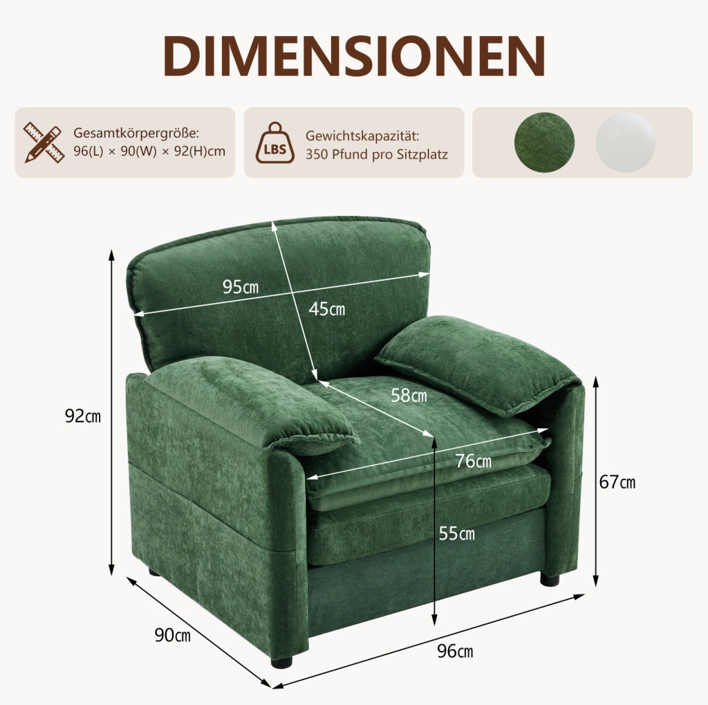 Poltrona rétro 96x90x92 cm verde scuro con doppia tasca, tessuto chenille