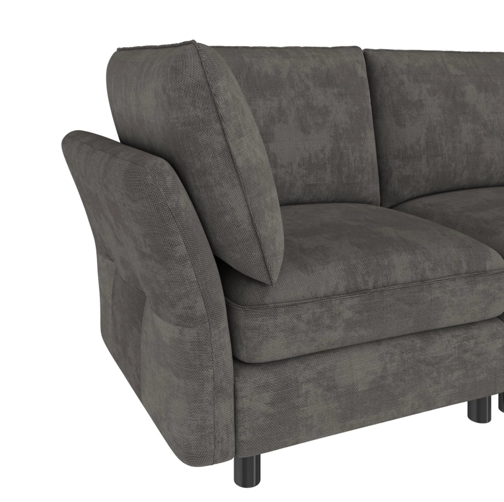 Divano modulare angolare a L con pouf contenitore; 225x137x84 cm; in chenille grigio