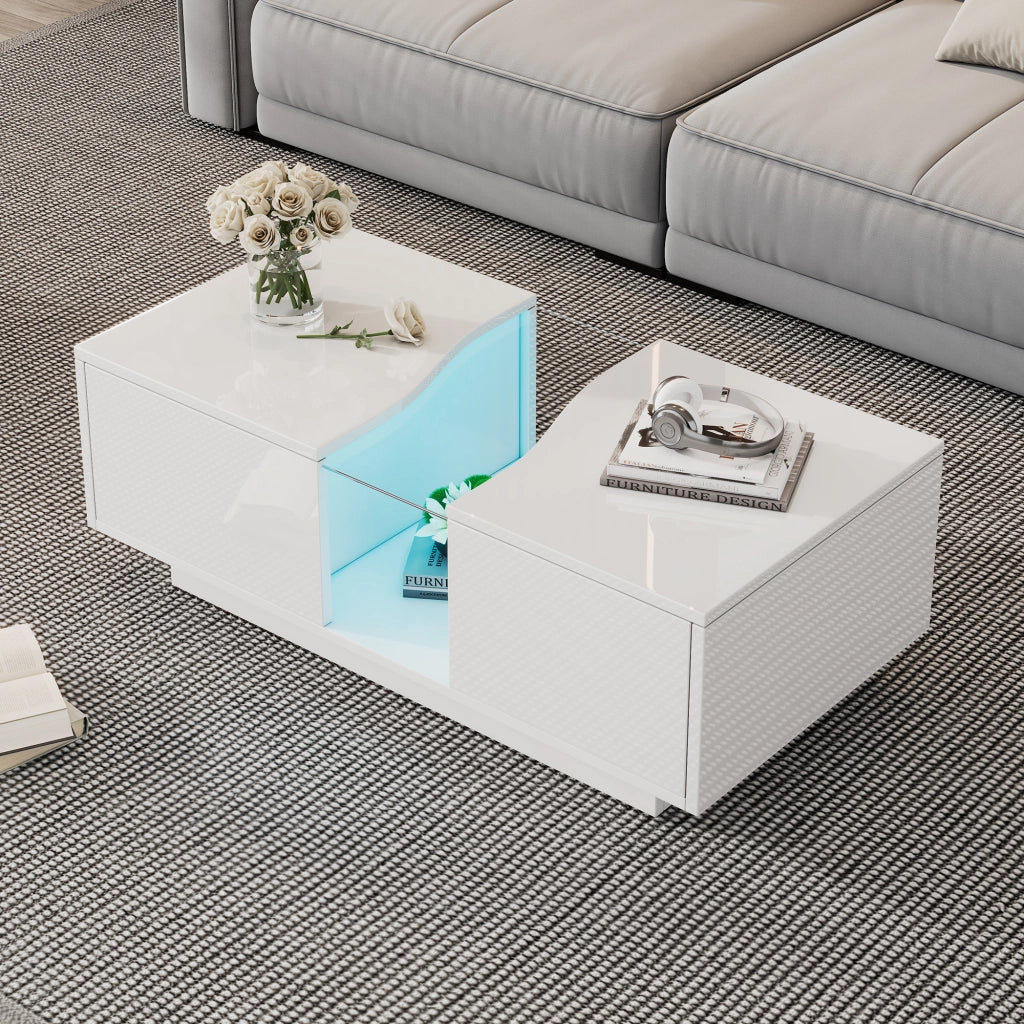 TAVOLINO da caffè LED 100x50x35 cm Bianco lucido in MDF con 2 cassetti