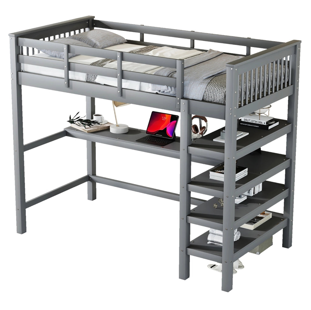 Letto a soppalco 90x200 con scrivania integrata e vani portaoggetti, grigio