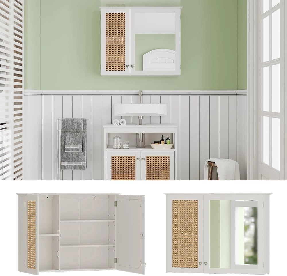Specchio contenitore bagno Rosario, Bianco, 68 x 49 cm con 2 porte, per la conservazione di articoli da bagno e asciugamani