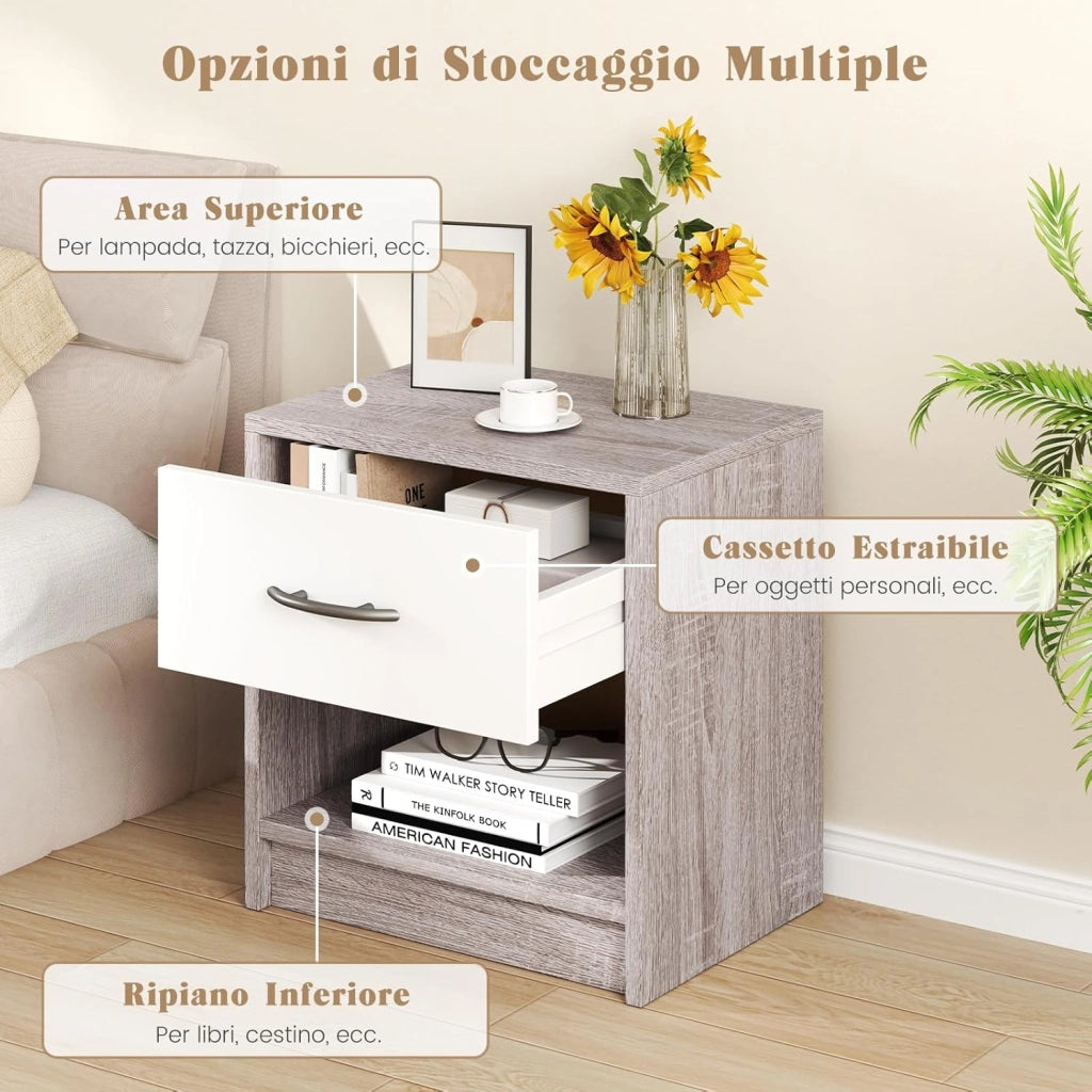 COSTWAY Comodino 38,5 x 28 x 40,5cm in Legno, Tavolino Salvaspazio con Scomparto Aperto e Casseto per Soggiorno e Camera da Letto (Naturale Chiaro+Bianco)