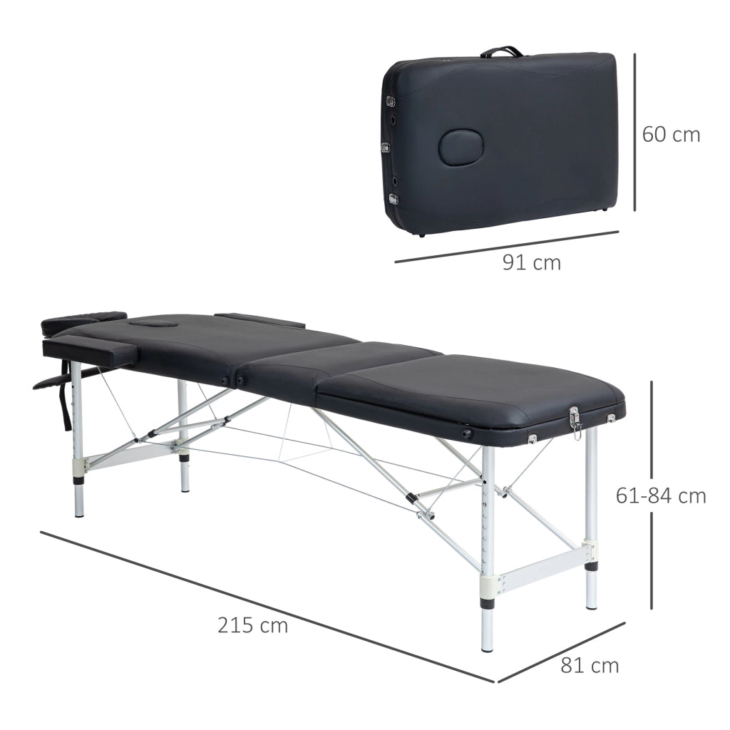 Lettino da Massaggio Pieghevole ad Altezza Regolabile, in Alluminio e Plastica, 215x81x61-84 cm, Nero