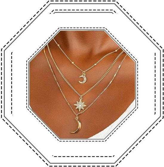 Collier Bohemien a Piastroni con Cristallo e Accessori per Donna con Materiale Plastico - Gioielli di Moda con Simboli di Luna e Stelle - Unico Modello