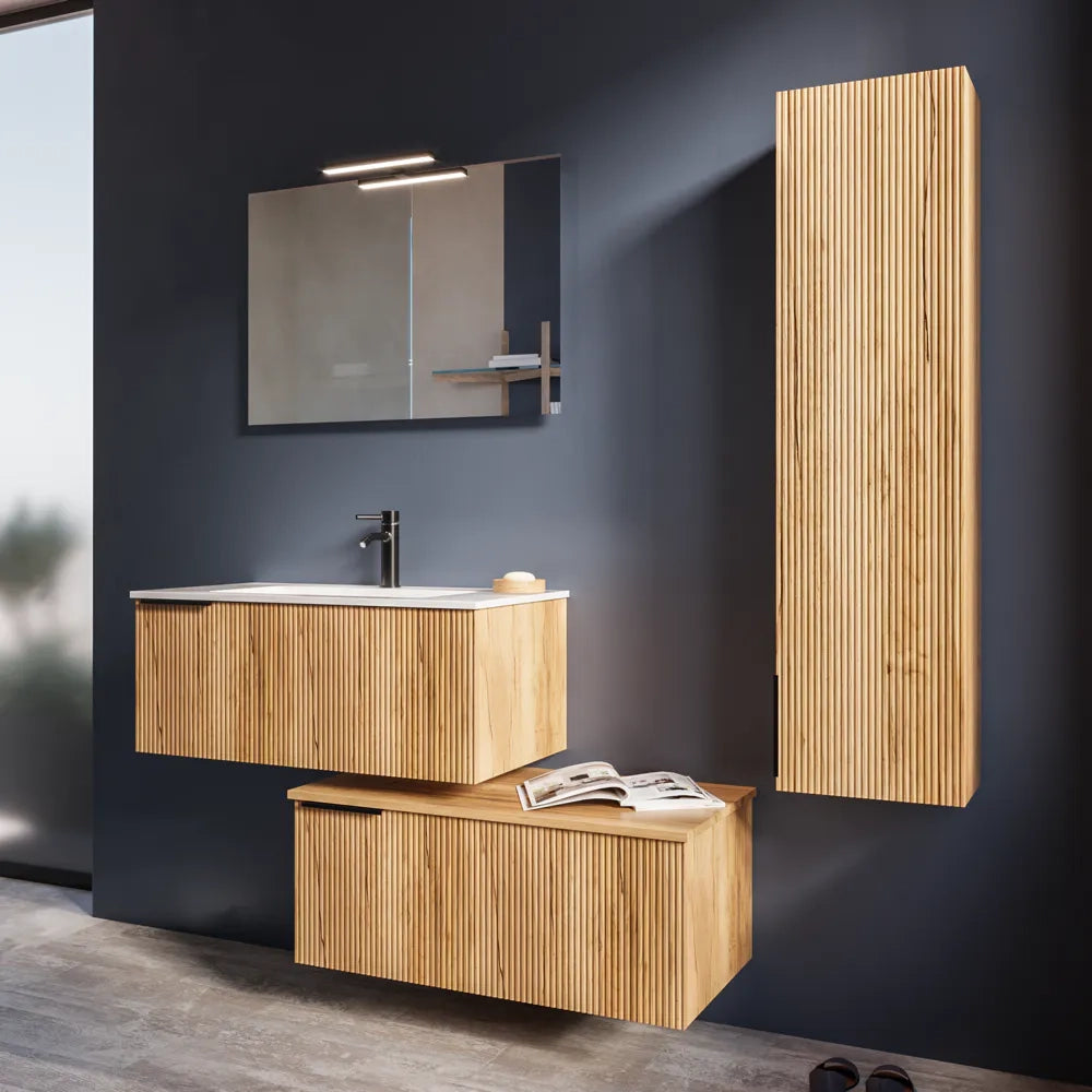 Mobile bagno sospeso modulare cannettato 90 cm rovere chiaro due cassetti con lavabo | Fuji