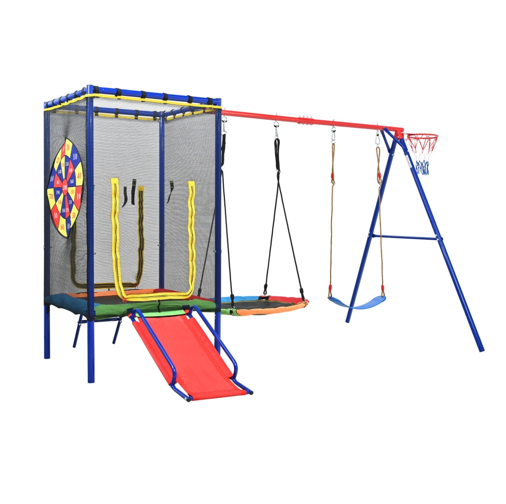 Combinazione gioco da esterno 5 in 1 con trampolino; scivolo; altalene e canestro; multicolore