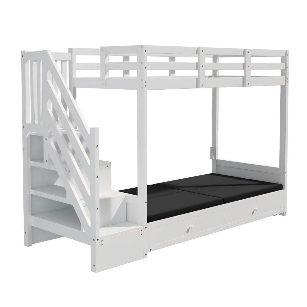 Letto a castello ULEVR 90x200 cm con divano regolabile, scala contenitore e 2 cassetti, bianco