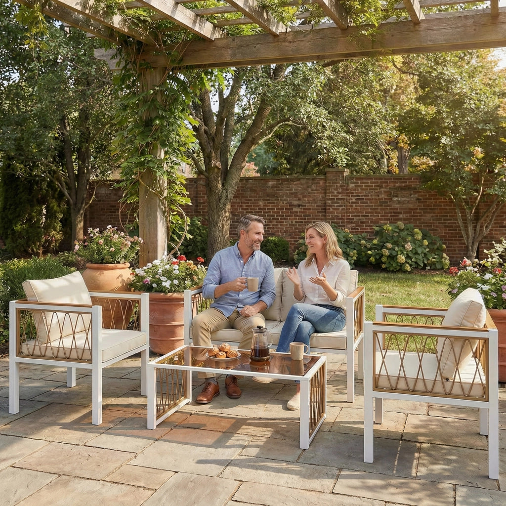Set di mobili da giardino Set lounge in polietileno in rattan a 4 pezzi con due posti 2 poltrone Tavolo di vetro Tappetino antiscivolo rimovibile