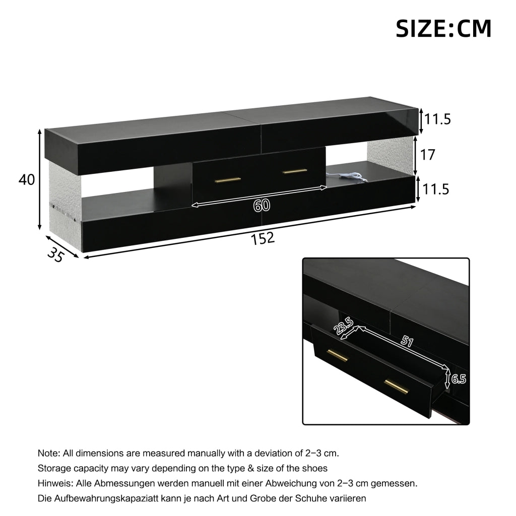 Mobile porta TV con LED, 2 cassetti e 4 vani, in pannello truciolare e acrilico nero, 152 × 35 × 40 cm