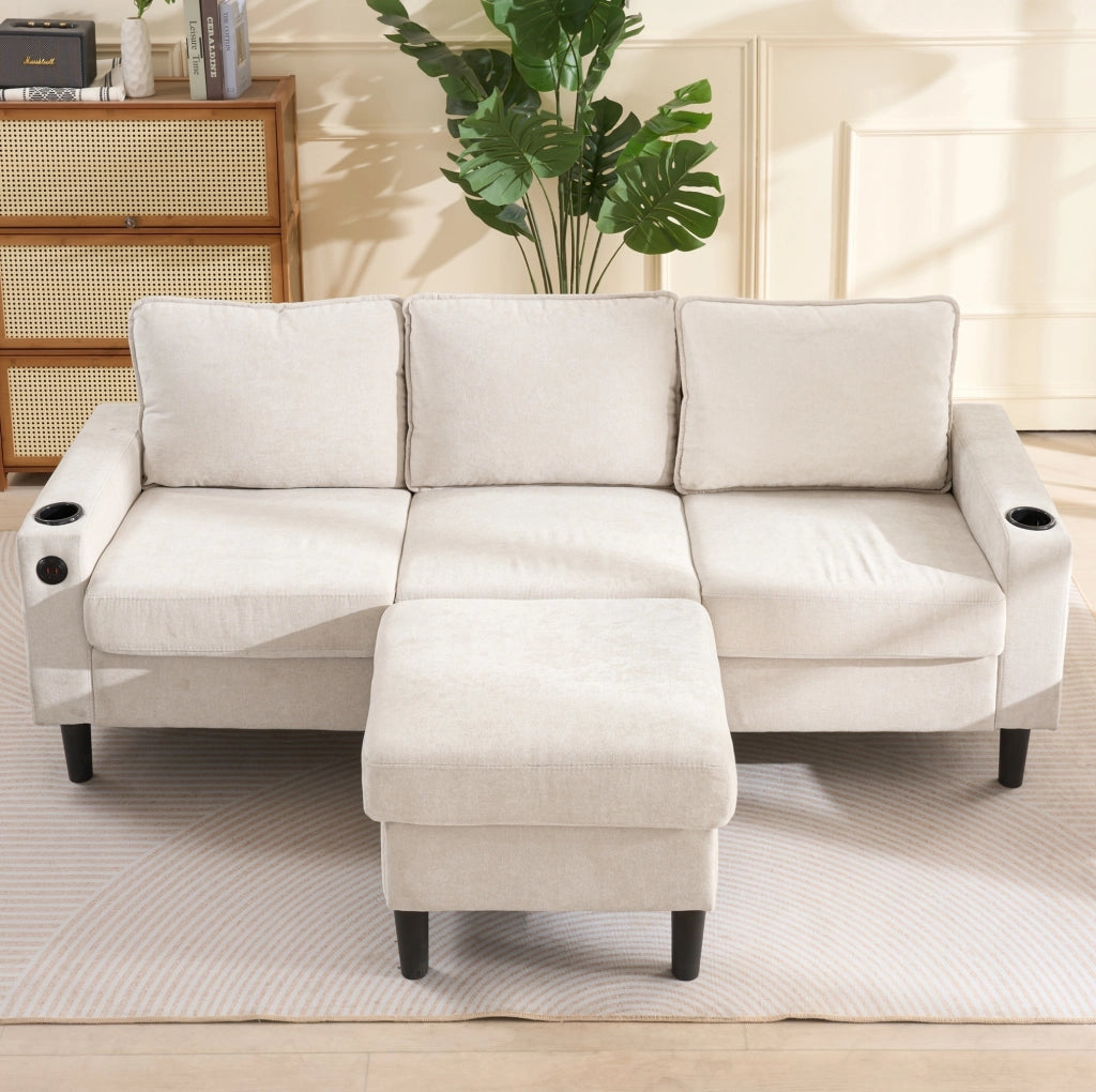 Divano angolare ULEVR 202x137x80 cm beige con pouf, USB, Type-C e porta bevande