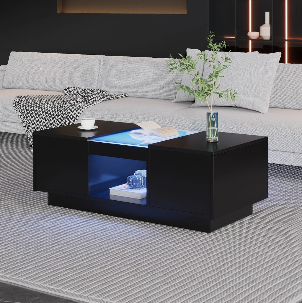Tavolino da caffè con LED e controllo APP 100 x 50 x 35;5 cm; nero; in truciolare e vetro