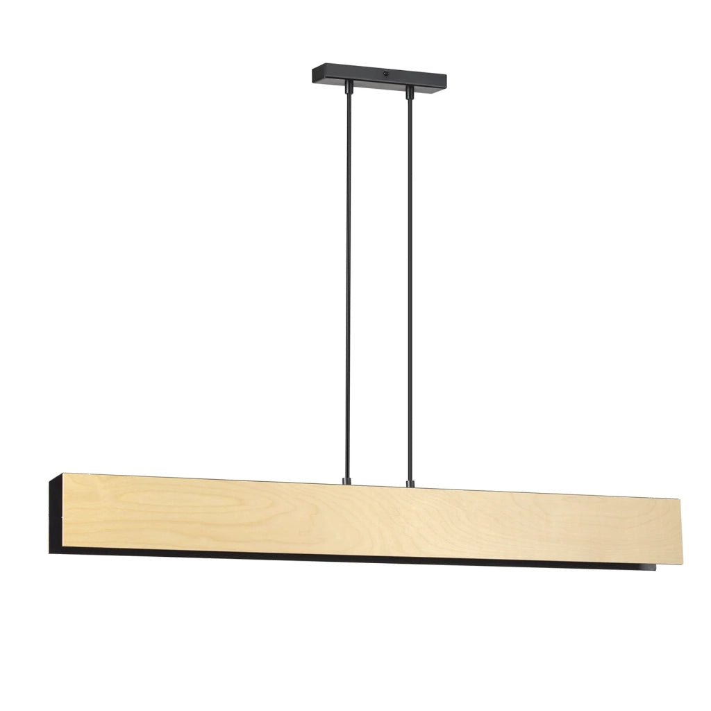 Lampadario 4 Luci Merlino In Acciaio Nero Corpo Rettangolare E Legno Naturale