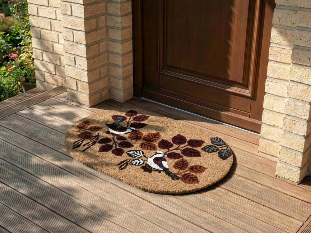 Zerbino Fibra di cocco naturale Retro in PVC Antiscivolo 45 x 75 cm Motivo a uccelli Decorazione moderna per interni ed esterni