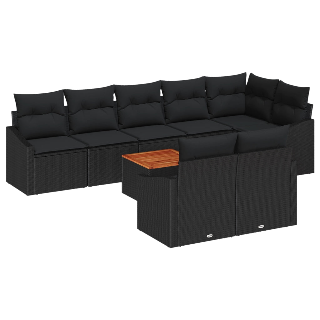 Set da Giardino 9 Pezzi con Cuscini Nero Polyrattan Acacia