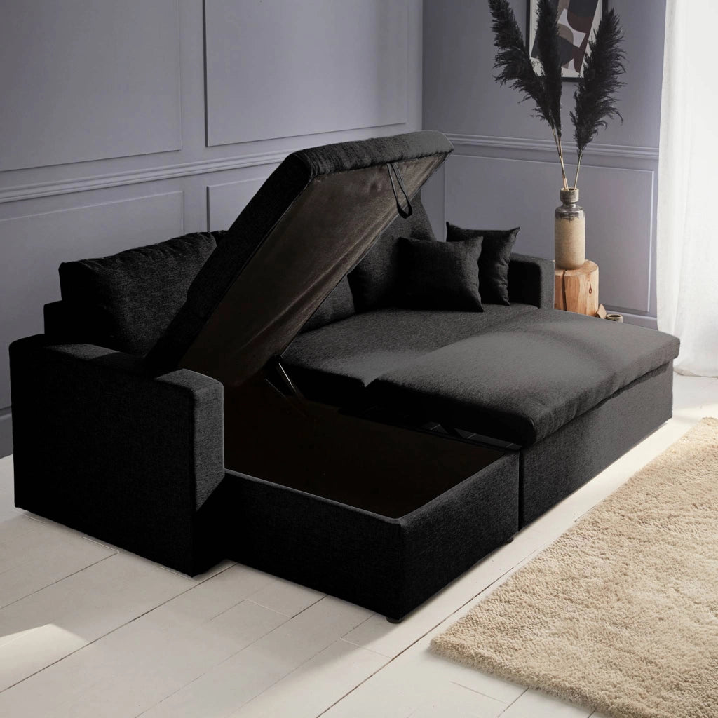 Divano letto angolare reversibile con contenitore, 3 posti, nero