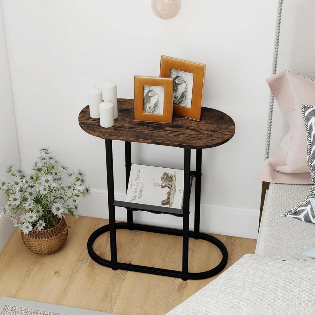 Tavolino a 2 ripiani, piccolo comodino con vano portaoggetti, struttura in metallo, 60 x 28,5 x 64 cm, tavolino laterale compatto per soggiorno e camera da letto (marrone)
