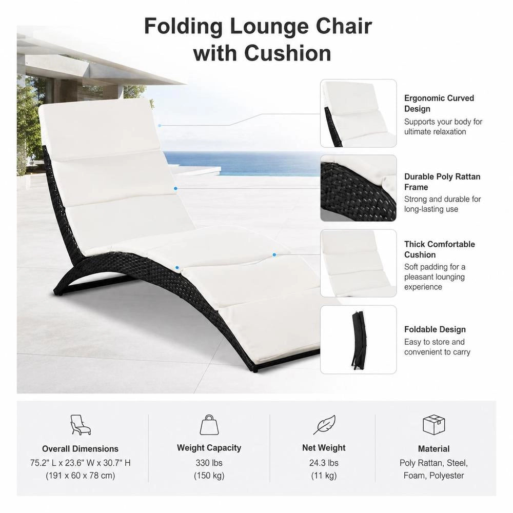 Folding Sun Lounger With Cushion, Poly Rattan, Black
