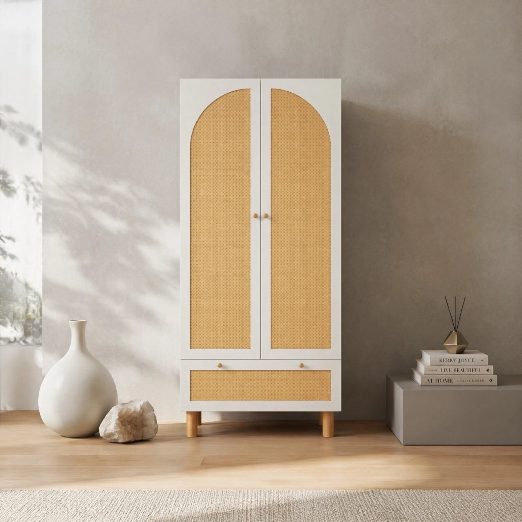 ARMADIO 180.5x85.5x52 cm Bianco con rattan, 2 porte e cassetto