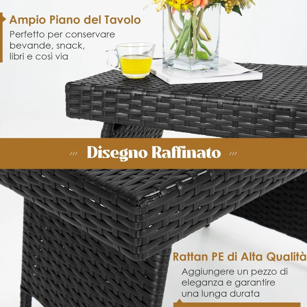 Tavolino da Caffè Rettangolare in Vimini Pieghevole, con Struttura in Acciaio Resistente e Cuscinetti Antiscivolo, Utilizzabile da Interno e Esterno (Nero)
