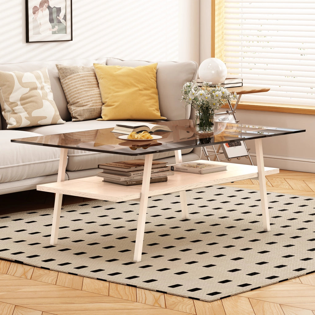Tavolino basso rettangolare in vetro temperato con gambe in metallo bianco e base in MDF, per soggiorno, 98 × 58 × 42,5 cm