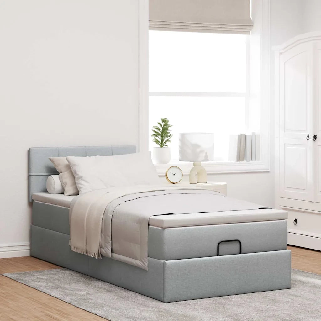 Pouf Letto con Materasso Grigio Chiaro 100x200 cm in Tessuto