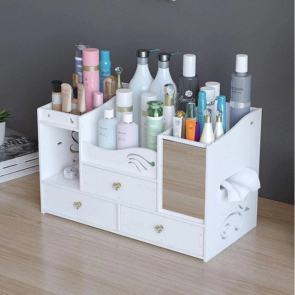 Trade Shop - Organizer Compatto Multistrato Con Specchio Cassetti Per Trucco Accessori Gioielli -