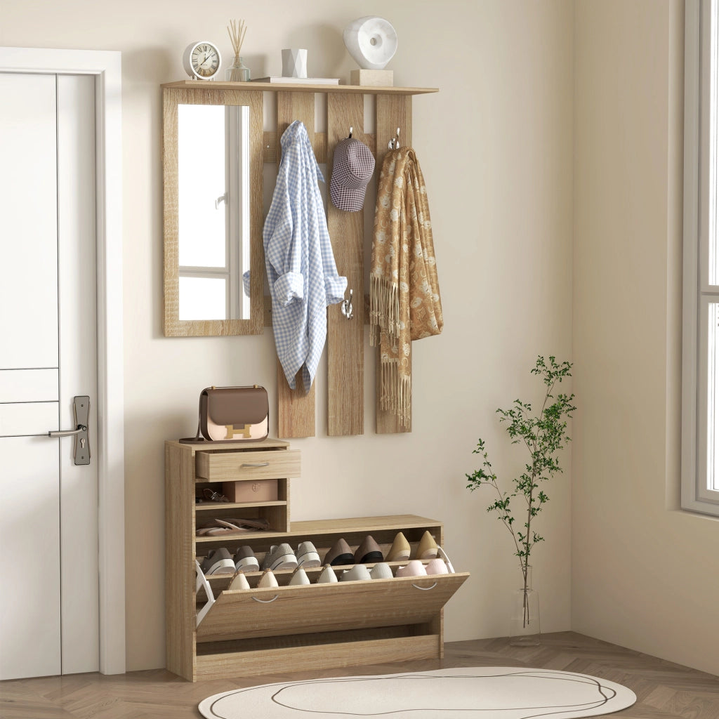 Scarpiera con Appendiabiti e Specchio ¨C zephmum ¨C Legno Quercia 90x10x91 cm
