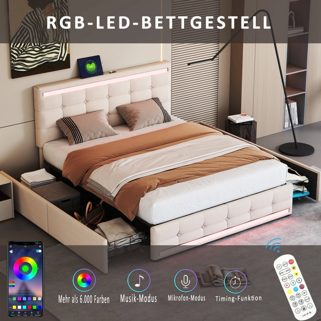OKWISH Letto con Cassetti 140×200 cm, Letto Matrimoniale con 4 Cassetti, LED Regolabile, 2 USB e Telecomando, senza Materasso, Beige